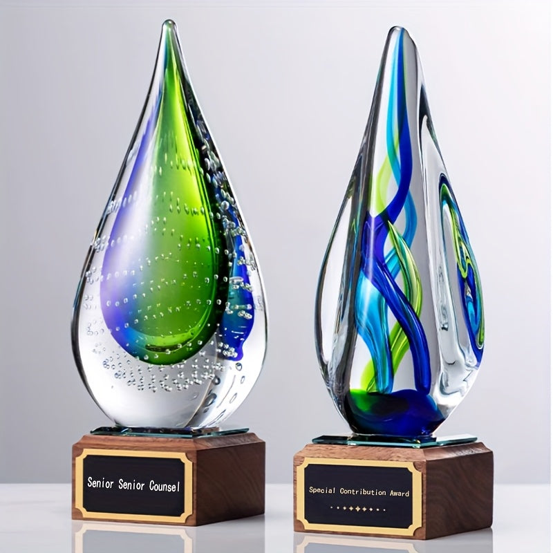 Water drop-shaped glazed high-end crystal trophy with wooden base, an elegant ornament, suitable for various awards, home decoration ornaments, birthday gifts