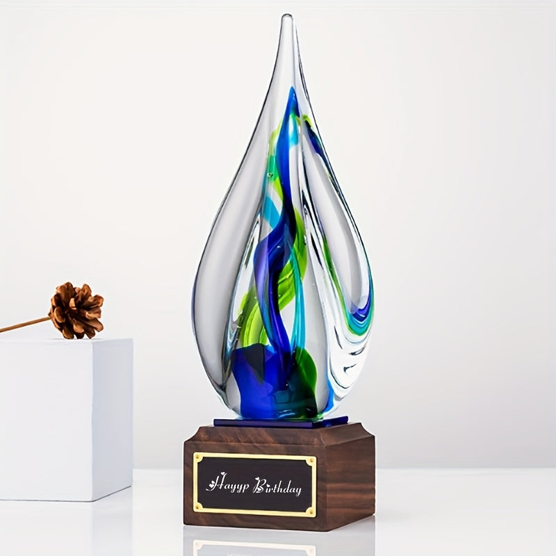 Water drop-shaped glazed high-end crystal trophy with wooden base, an elegant ornament, suitable for various awards, home decoration ornaments, birthday gifts