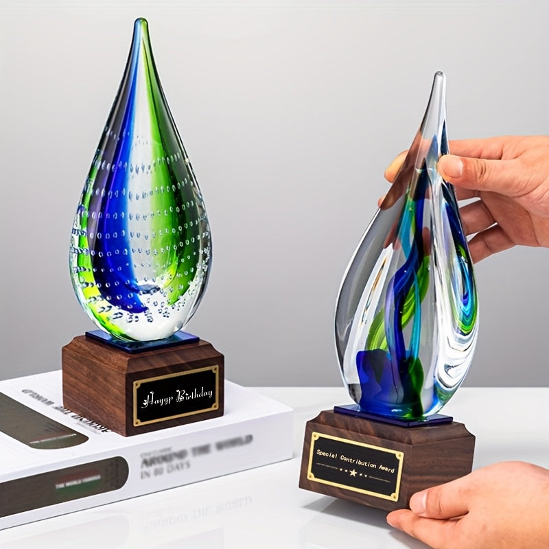 Water drop-shaped glazed high-end crystal trophy with wooden base, an elegant ornament, suitable for various awards, home decoration ornaments, birthday gifts