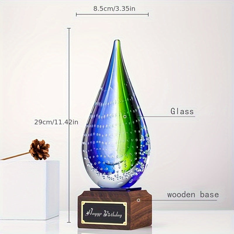 Water drop-shaped glazed high-end crystal trophy with wooden base, an elegant ornament, suitable for various awards, home decoration ornaments, birthday gifts